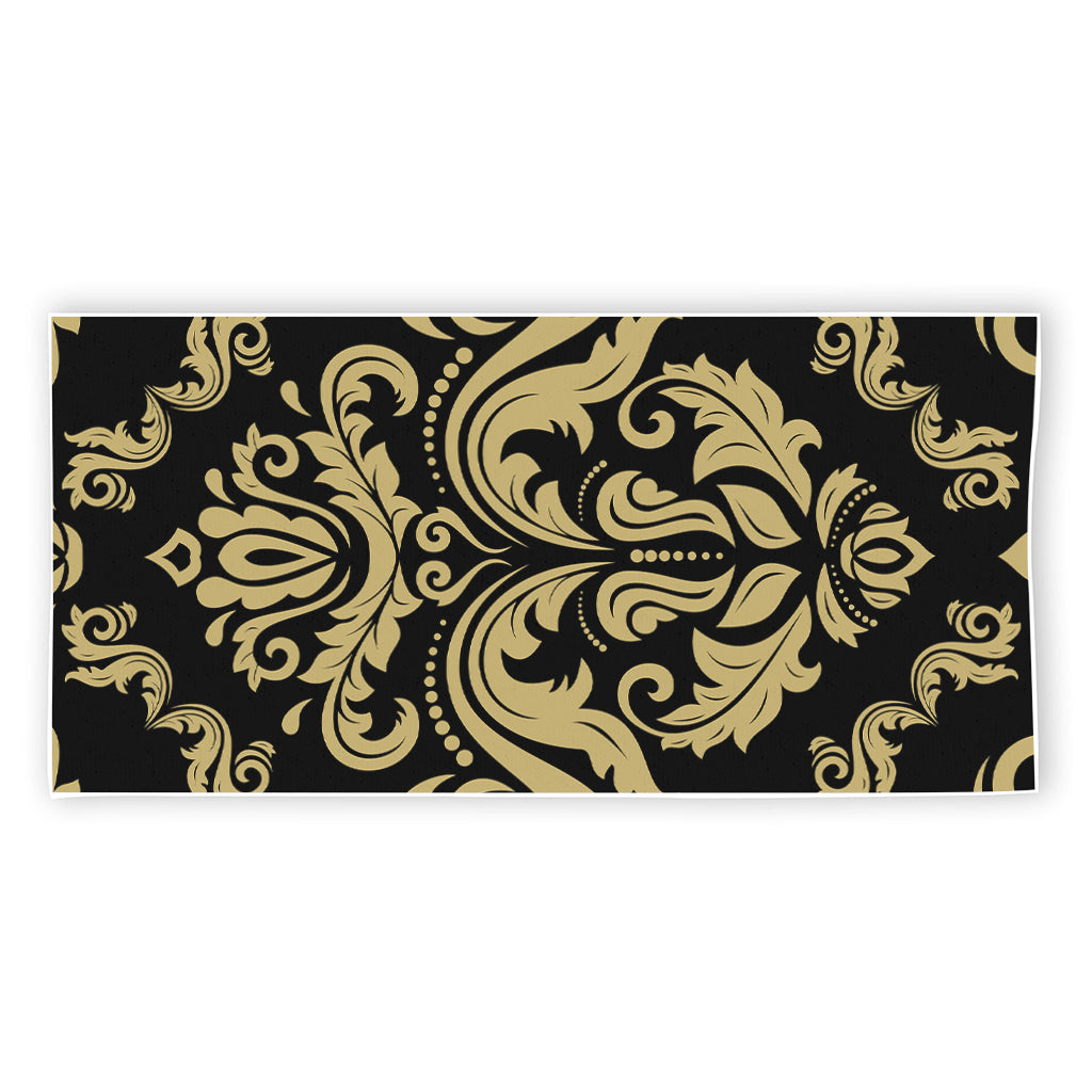 Black And Beige Damask Pattern Print Beach Towel