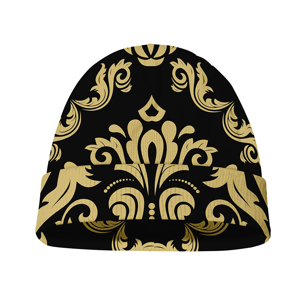 Black And Beige Damask Pattern Print Beanie