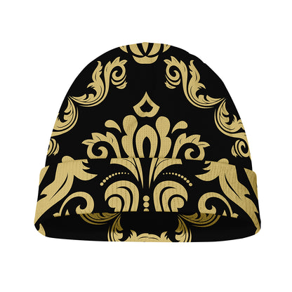 Black And Beige Damask Pattern Print Beanie