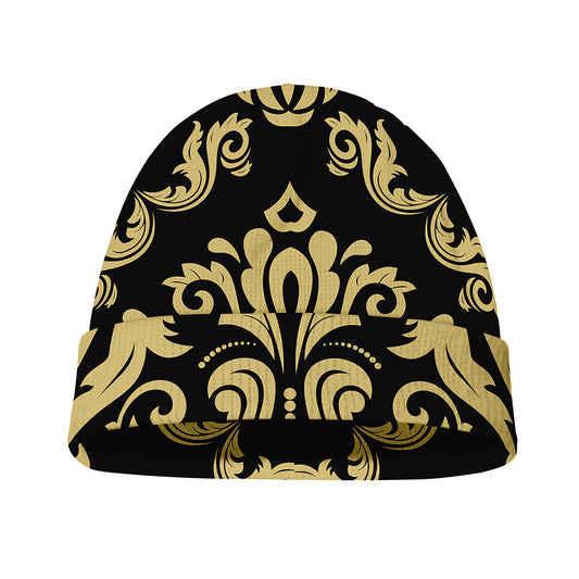 Black And Beige Damask Pattern Print Beanie