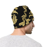 Black And Beige Damask Pattern Print Beanie