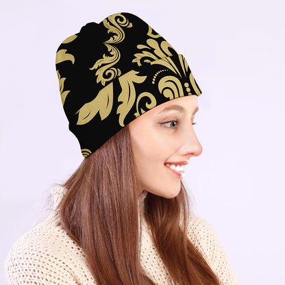 Black And Beige Damask Pattern Print Beanie
