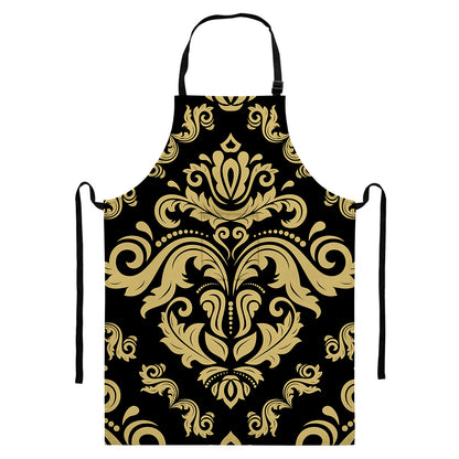 Black And Beige Damask Pattern Print Bib Apron With Pocket
