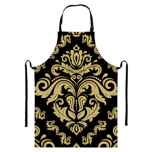 Black And Beige Damask Pattern Print Bib Apron With Pocket