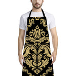 Black And Beige Damask Pattern Print Bib Apron With Pocket