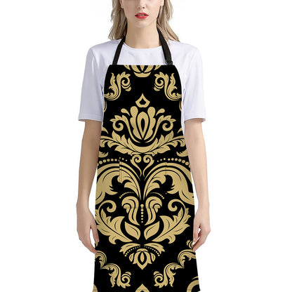 Black And Beige Damask Pattern Print Bib Apron With Pocket