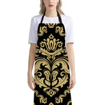 Black And Beige Damask Pattern Print Bib Apron With Pocket