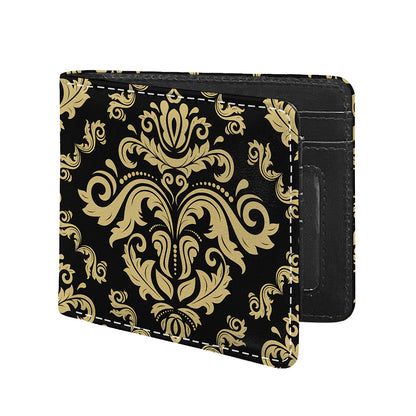 Black And Beige Damask Pattern Print Bifold Wallet