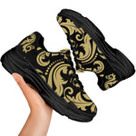 Black And Beige Damask Pattern Print Black Chunky Shoes