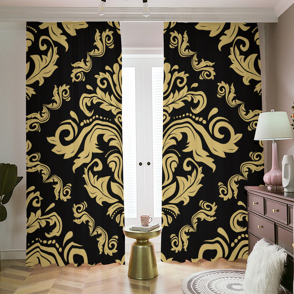 Black And Beige Damask Pattern Print Blackout Pencil Pleat Curtains