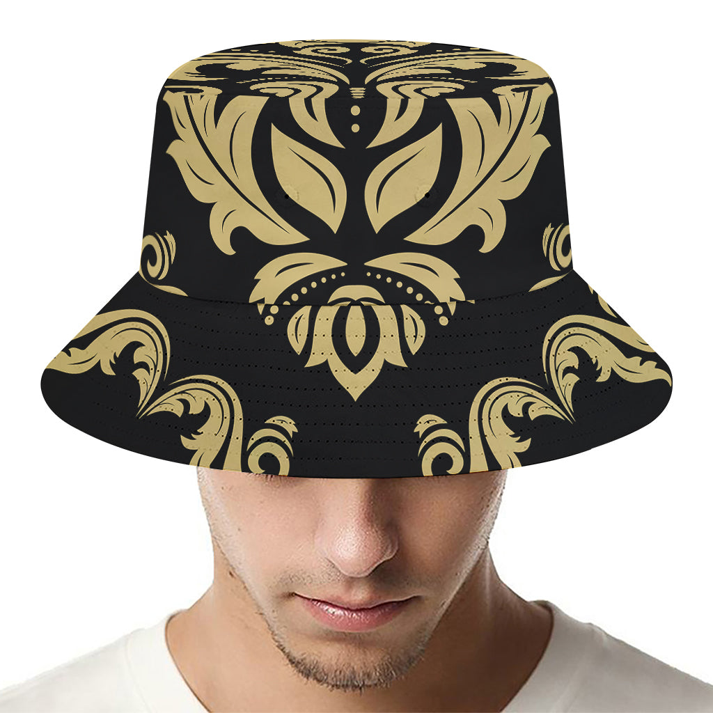 Black And Beige Damask Pattern Print Bucket Hat