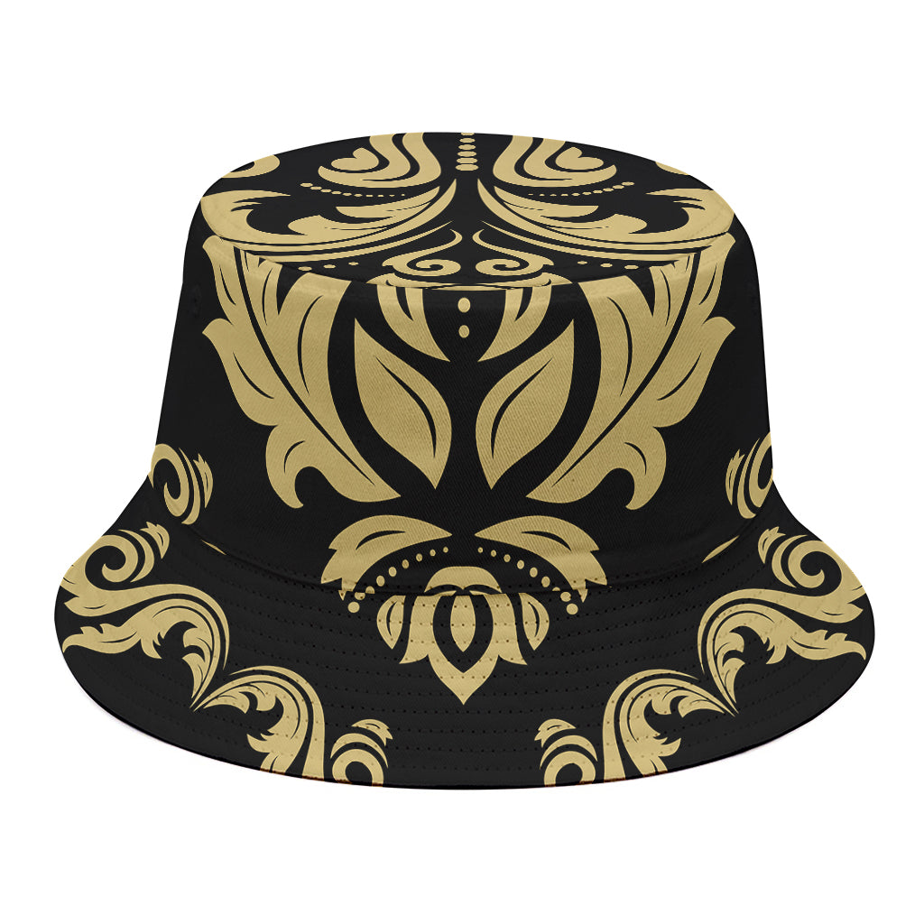 Black And Beige Damask Pattern Print Bucket Hat