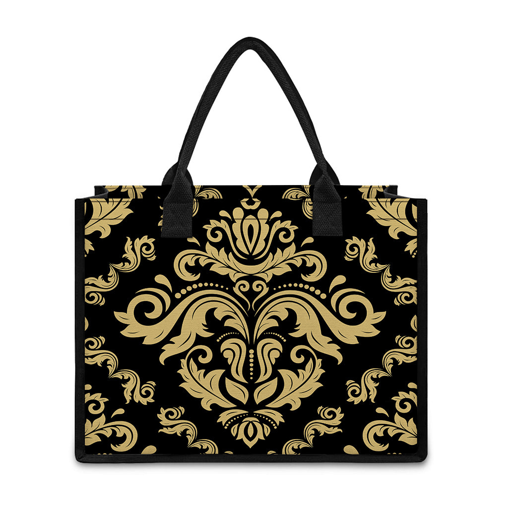 Black And Beige Damask Pattern Print Canvas Tote Bag