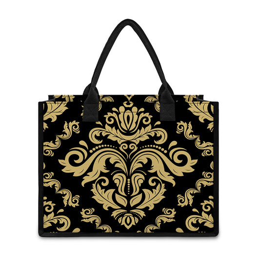 Black And Beige Damask Pattern Print Canvas Tote Bag