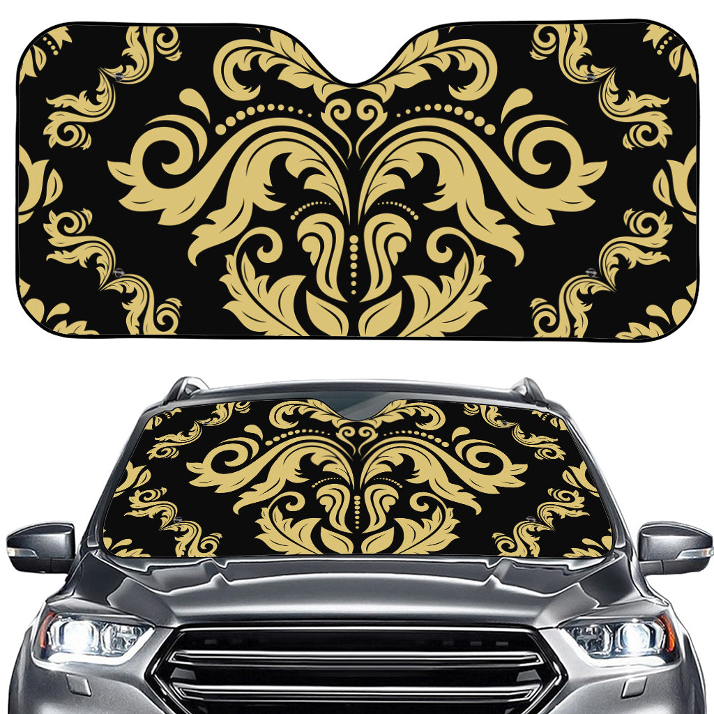 Black And Beige Damask Pattern Print Car Windshield Sun Shade