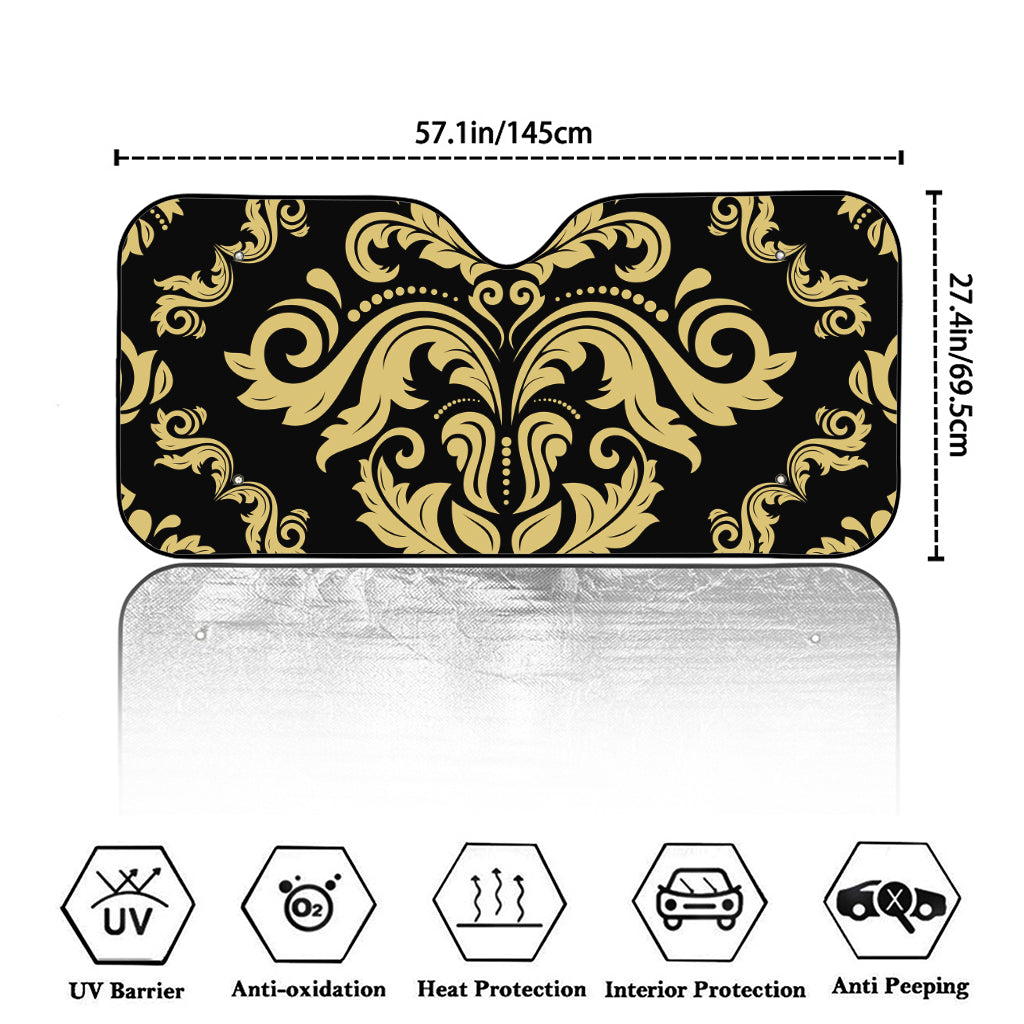 Black And Beige Damask Pattern Print Car Windshield Sun Shade