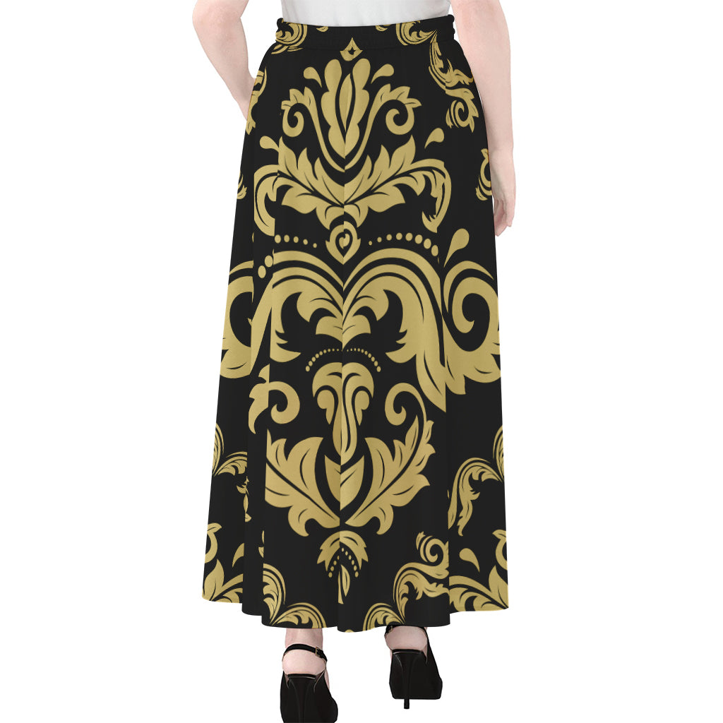 Black And Beige Damask Pattern Print Chiffon Maxi Skirt