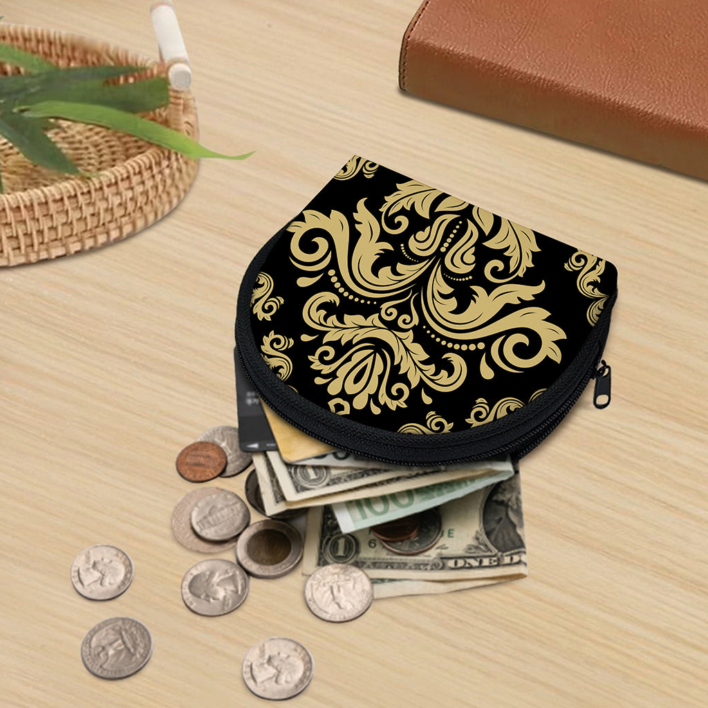 Black And Beige Damask Pattern Print Coin Purse