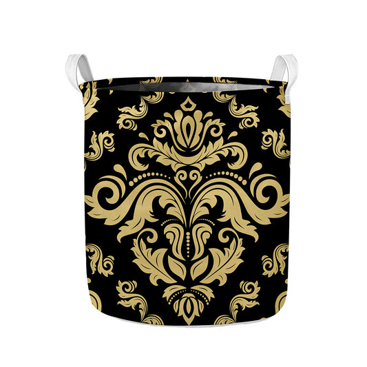 Black And Beige Damask Pattern Print Collapsible Laundry Basket