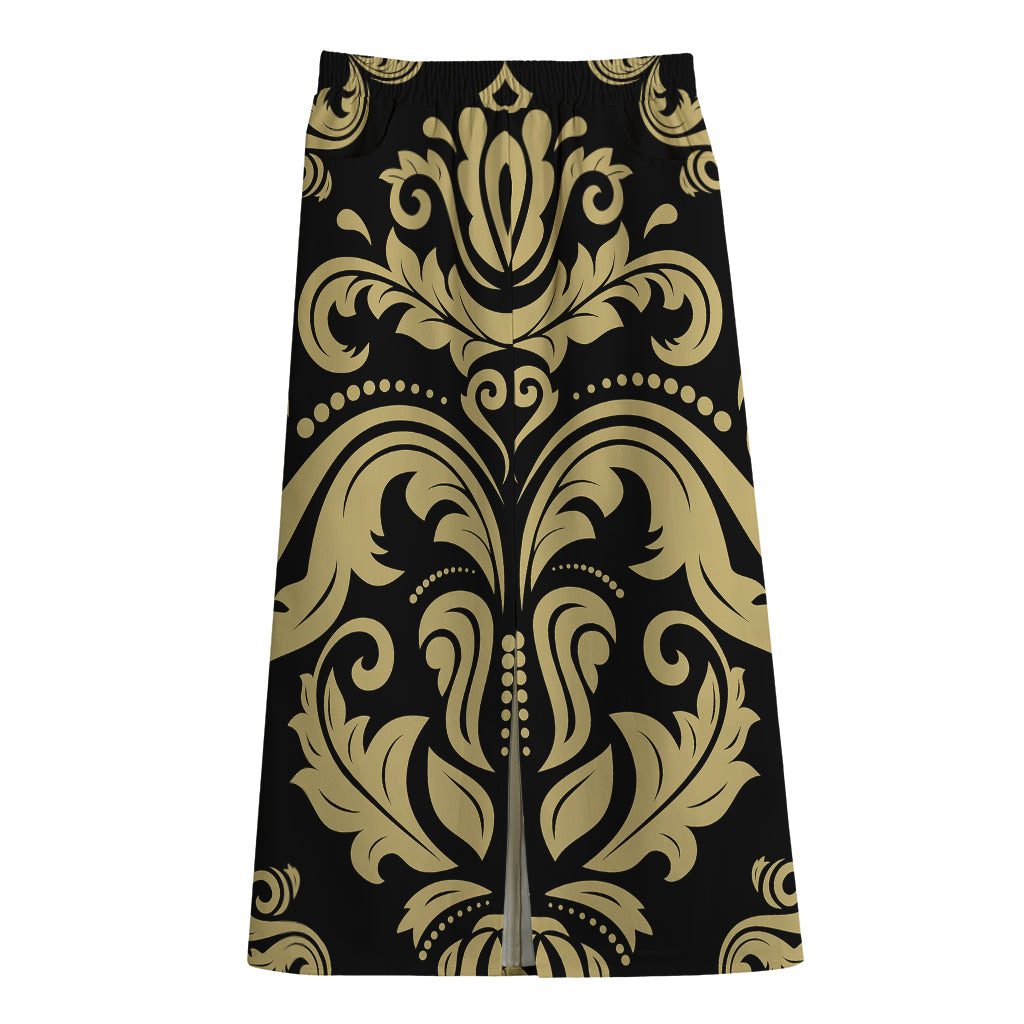 Black And Beige Damask Pattern Print Cotton Front Slit Maxi Skirt