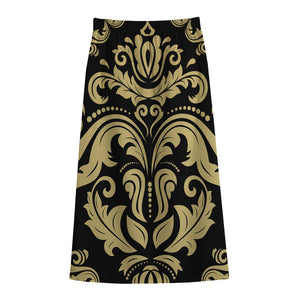 Black And Beige Damask Pattern Print Cotton Front Slit Maxi Skirt