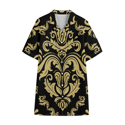 Black And Beige Damask Pattern Print Cotton Hawaiian Shirt
