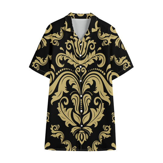 Black And Beige Damask Pattern Print Cotton Hawaiian Shirt