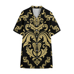 Black And Beige Damask Pattern Print Cotton Hawaiian Shirt