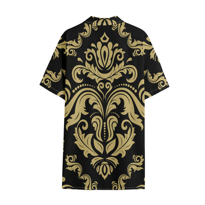 Black And Beige Damask Pattern Print Cotton Hawaiian Shirt