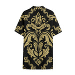 Black And Beige Damask Pattern Print Cotton Hawaiian Shirt