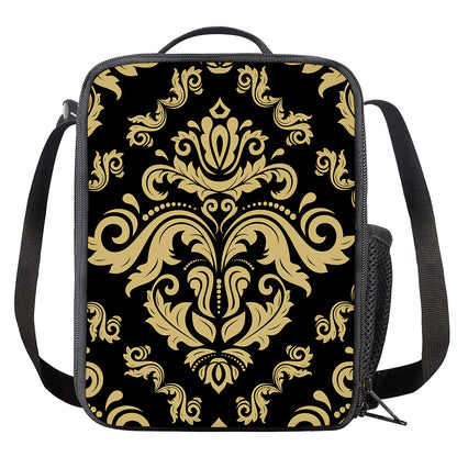 Black And Beige Damask Pattern Print Crossbody Lunch Bag