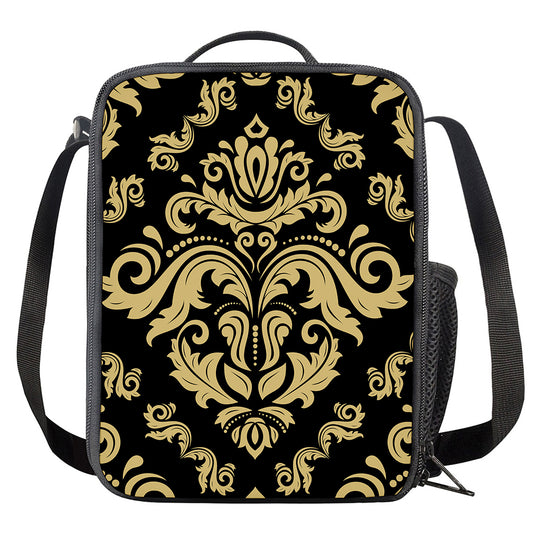 Black And Beige Damask Pattern Print Crossbody Lunch Bag