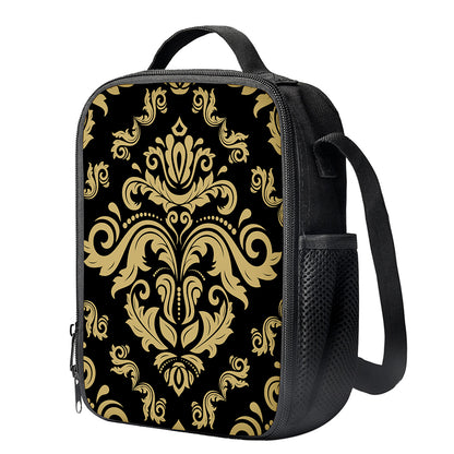 Black And Beige Damask Pattern Print Crossbody Lunch Bag