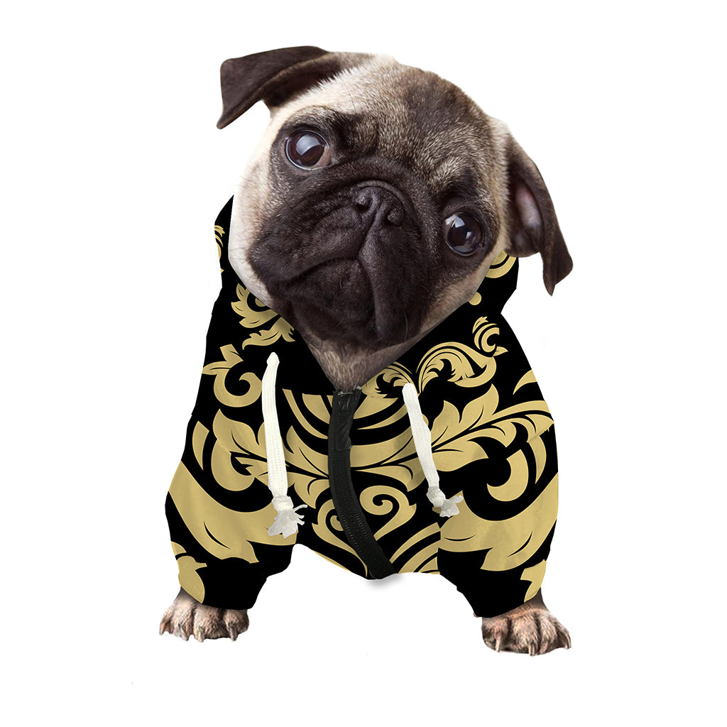 Black And Beige Damask Pattern Print Dog Zip Up Hoodie