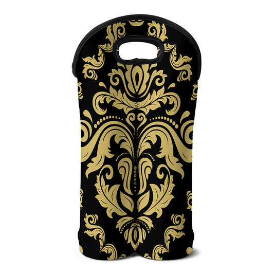 Black And Beige Damask Pattern Print Double Neoprene Wine Tote
