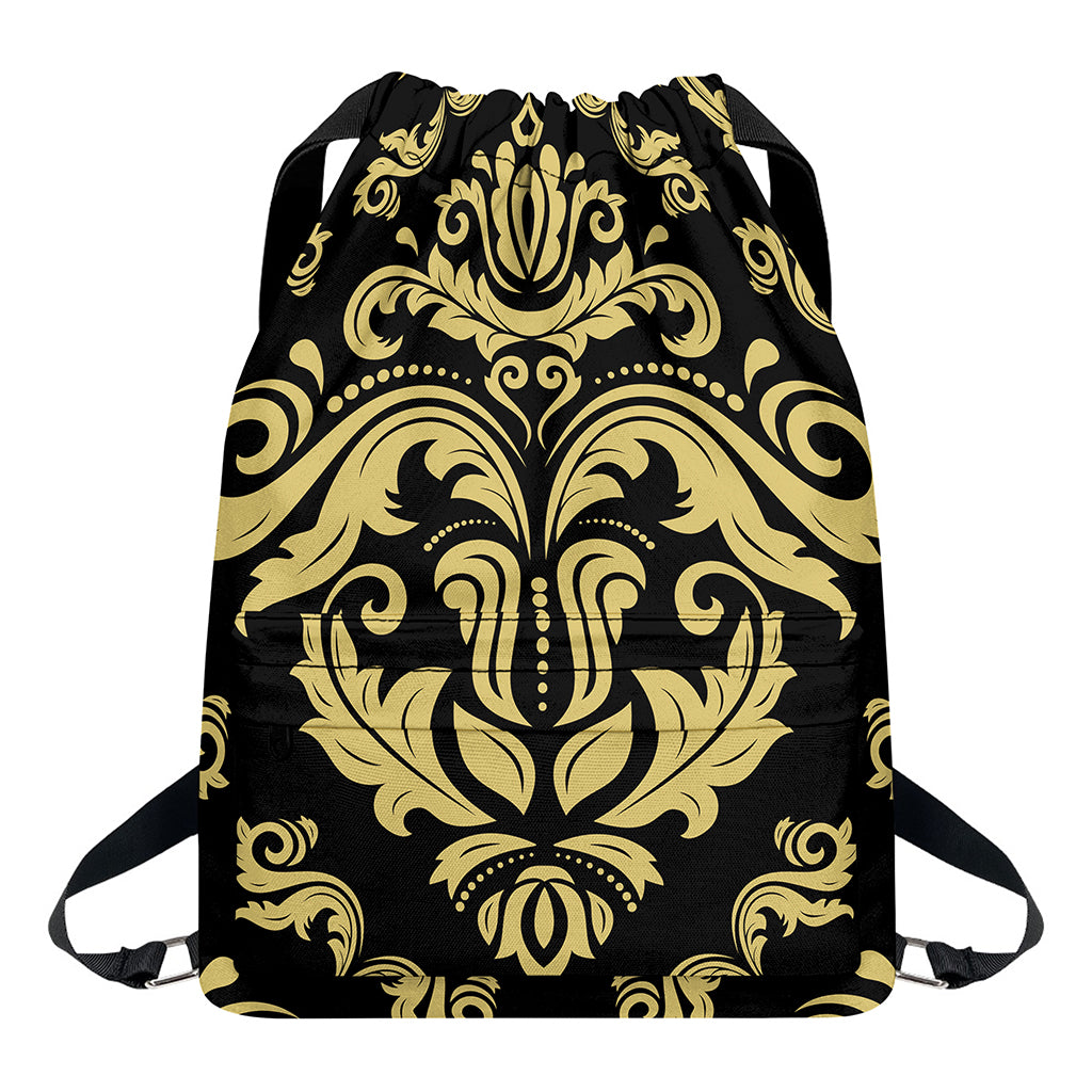 Black And Beige Damask Pattern Print Drawstring Backpack