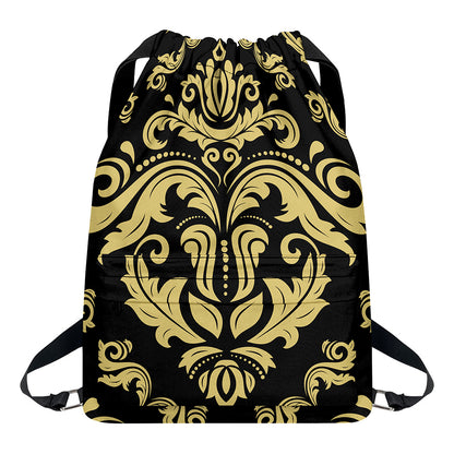 Black And Beige Damask Pattern Print Drawstring Backpack