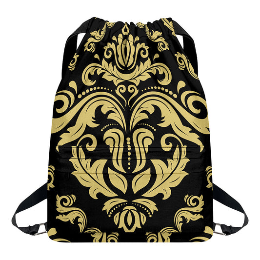Black And Beige Damask Pattern Print Drawstring Backpack