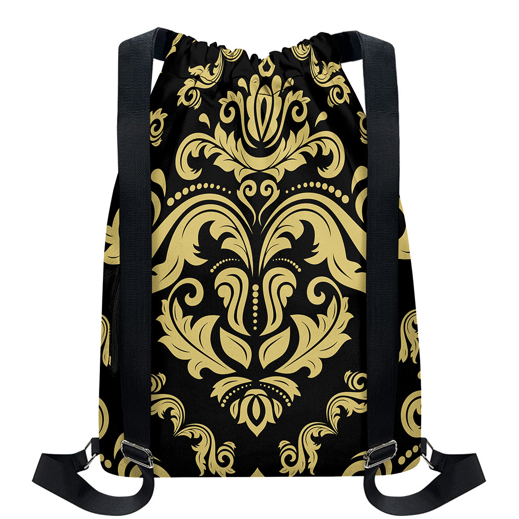 Black And Beige Damask Pattern Print Drawstring Backpack