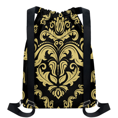 Black And Beige Damask Pattern Print Drawstring Backpack
