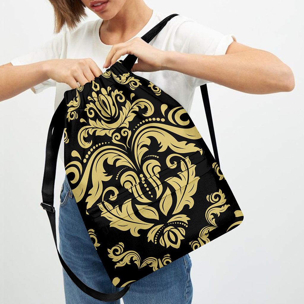 Black And Beige Damask Pattern Print Drawstring Backpack