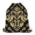 Black And Beige Damask Pattern Print Drawstring Bag