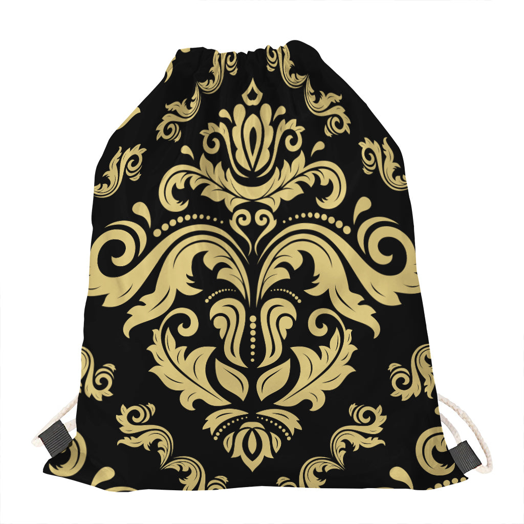 Black And Beige Damask Pattern Print Drawstring Bag
