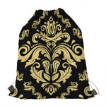 Black And Beige Damask Pattern Print Drawstring Bag