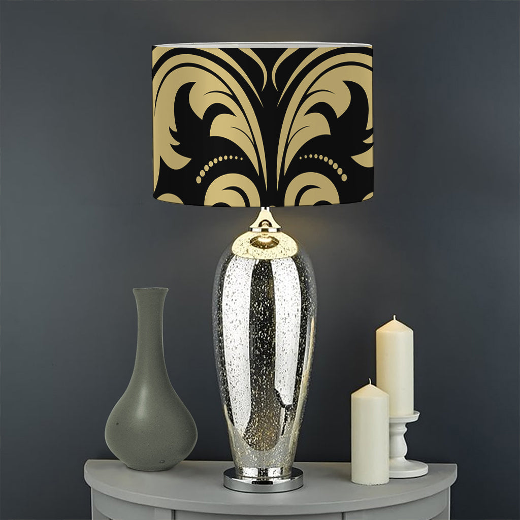 Black And Beige Damask Pattern Print Drum Lamp Shade