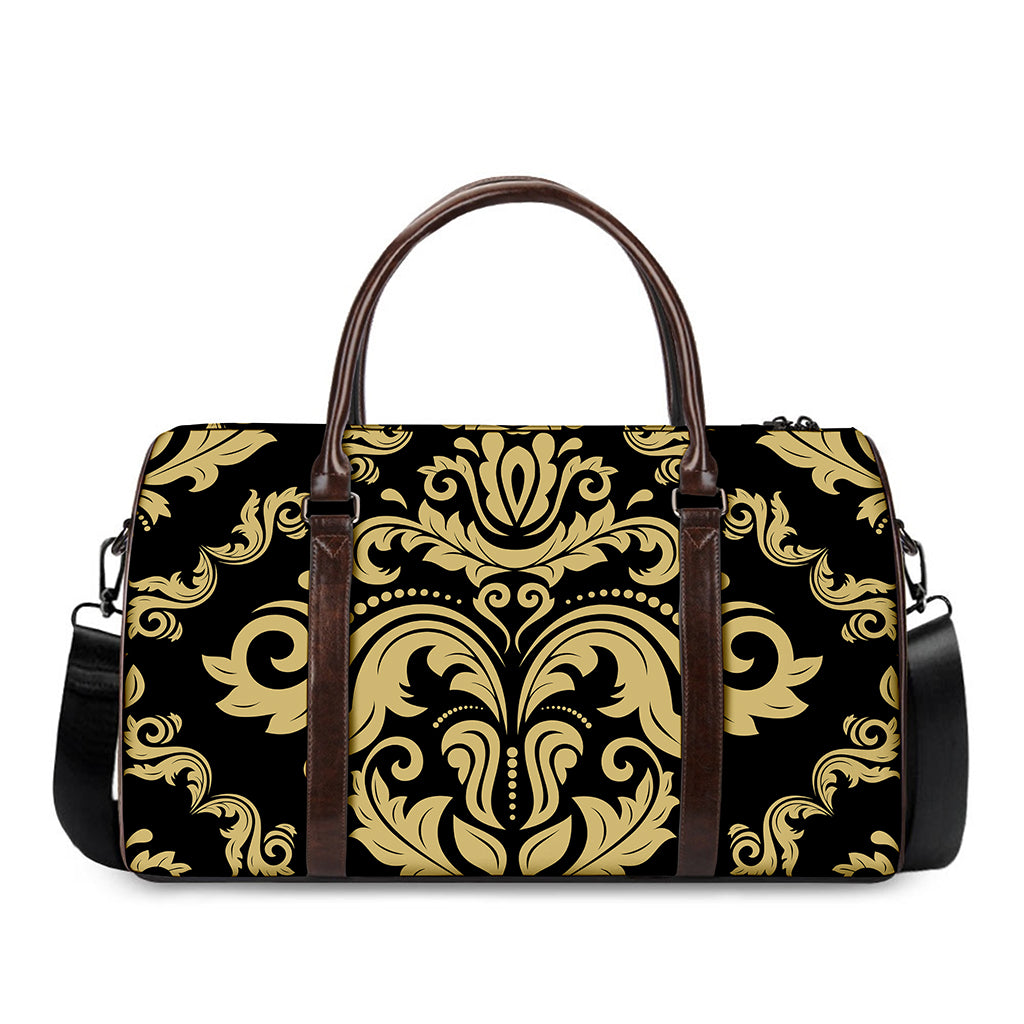 Black And Beige Damask Pattern Print Duffle Bag