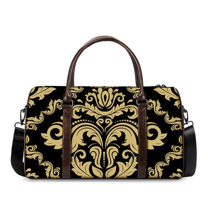 Black And Beige Damask Pattern Print Duffle Bag