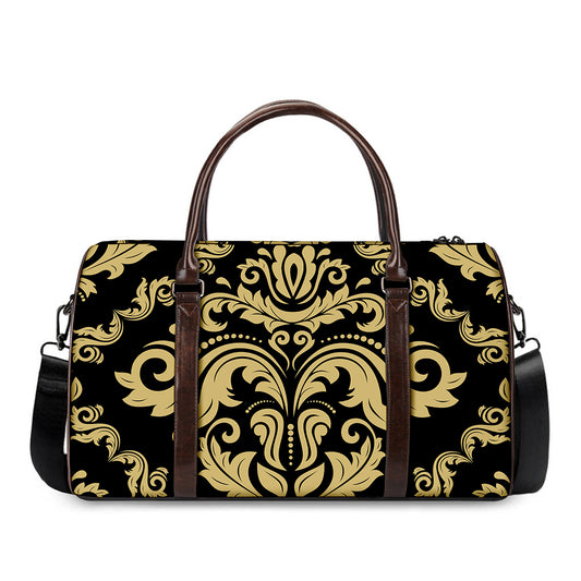 Black And Beige Damask Pattern Print Duffle Bag