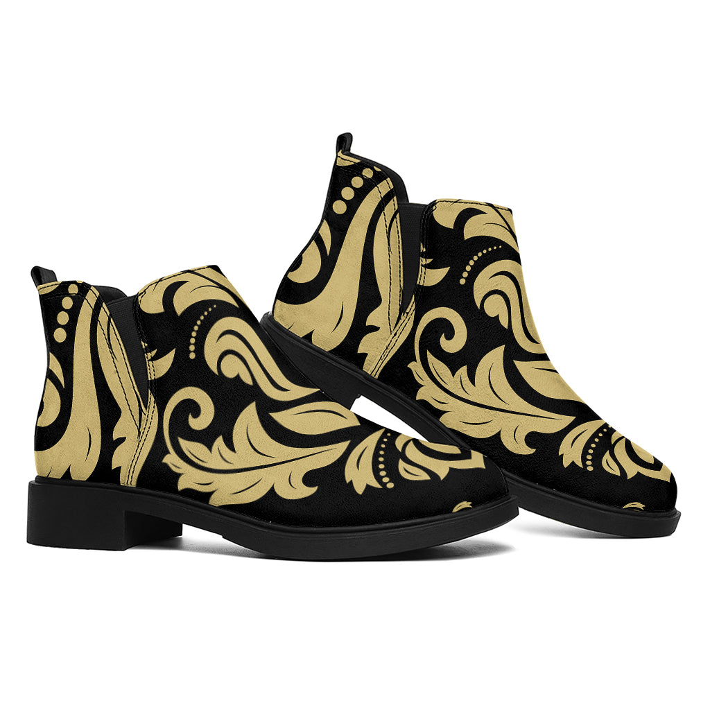 Black And Beige Damask Pattern Print Flat Ankle Boots