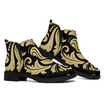 Black And Beige Damask Pattern Print Flat Ankle Boots